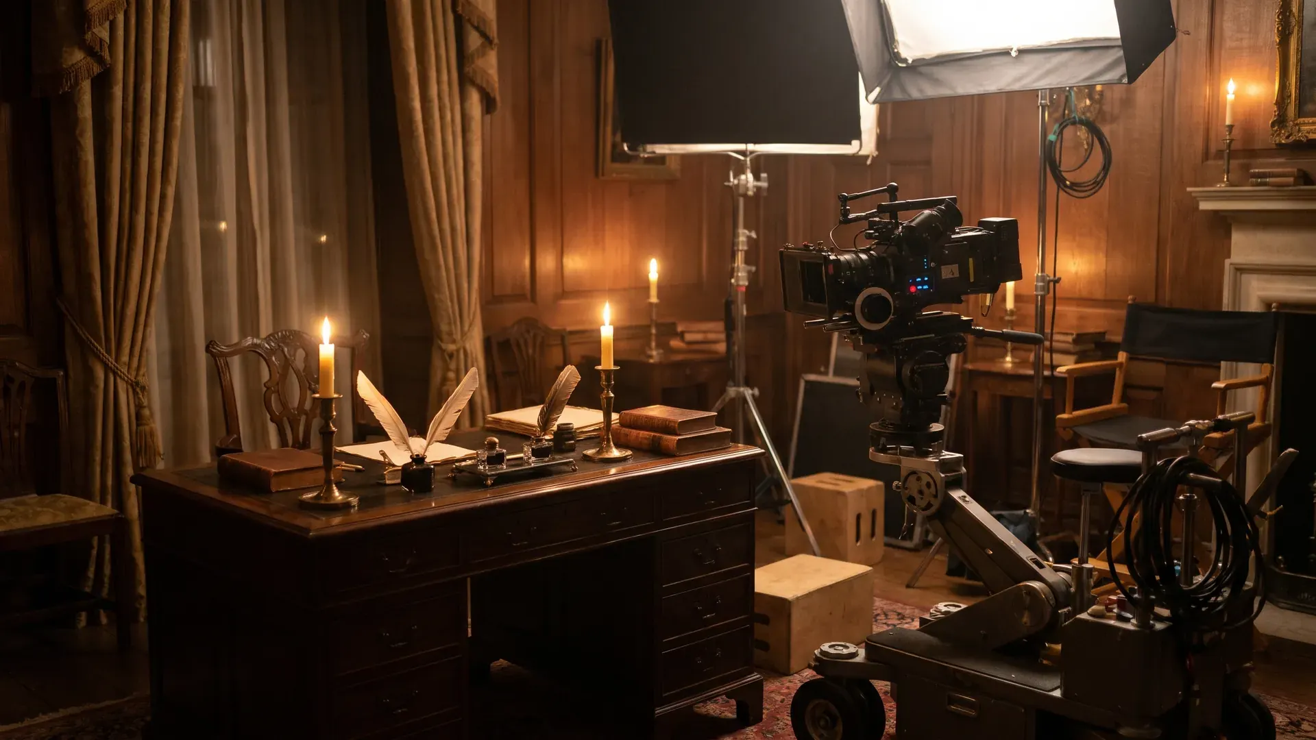 Period drama film set of an English parlour lit by candles, cinematography for a FourBoys case study