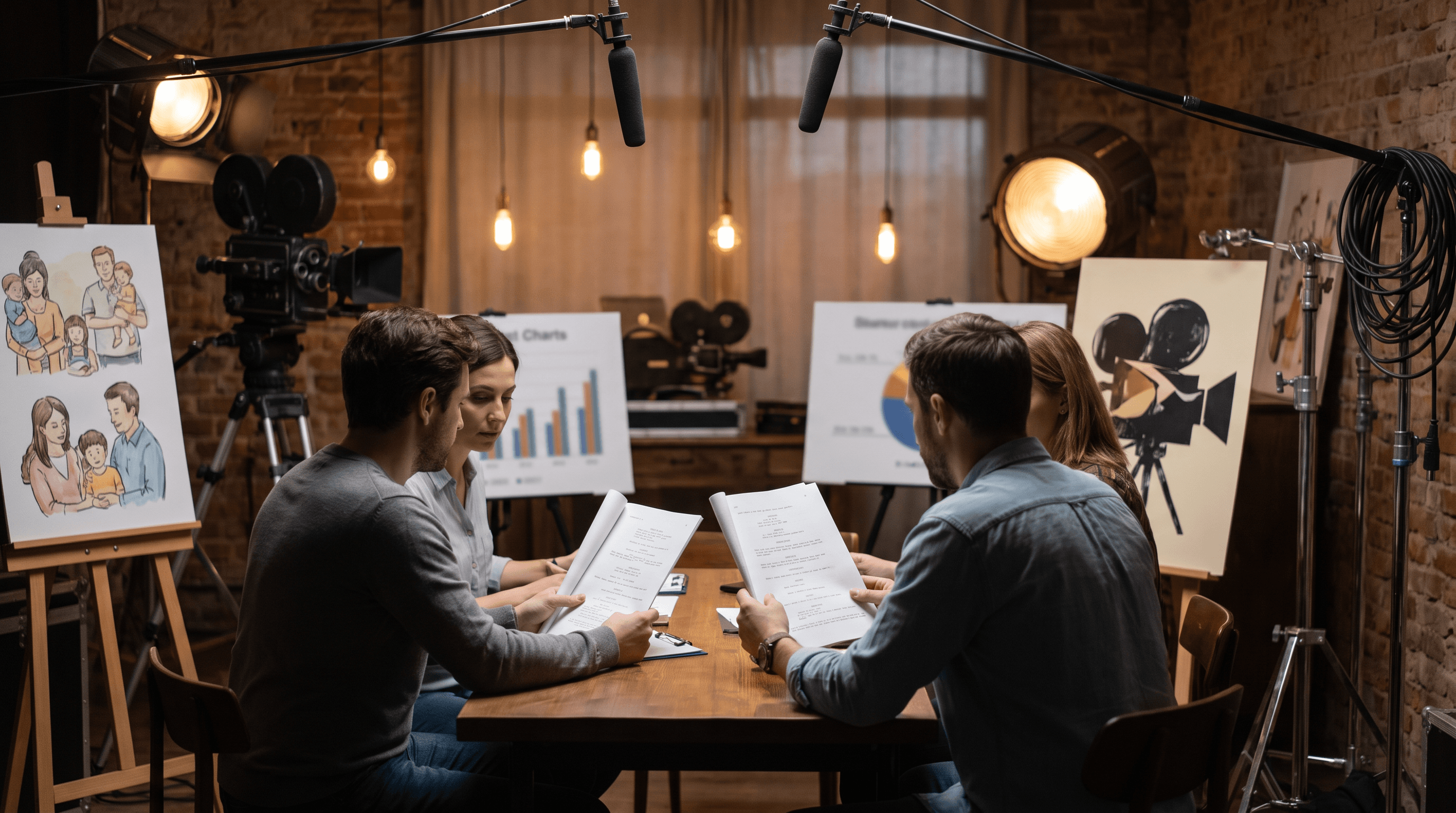 Family film financing documents and box office charts on a producer conference table