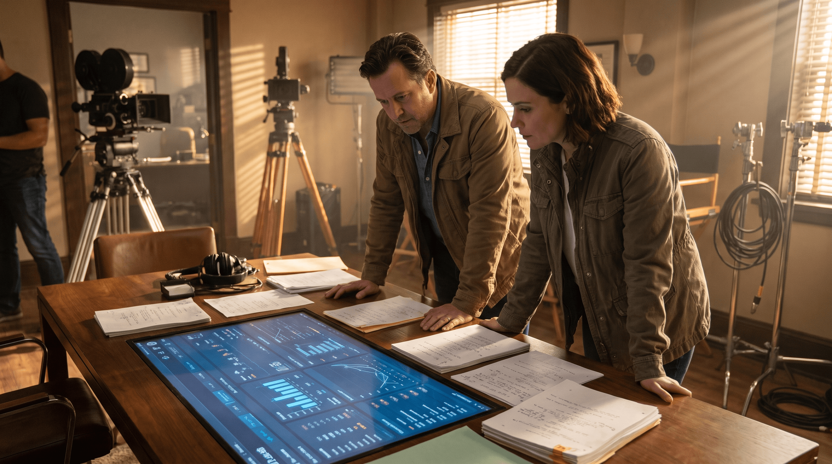 Film producers reviewing family film performance data